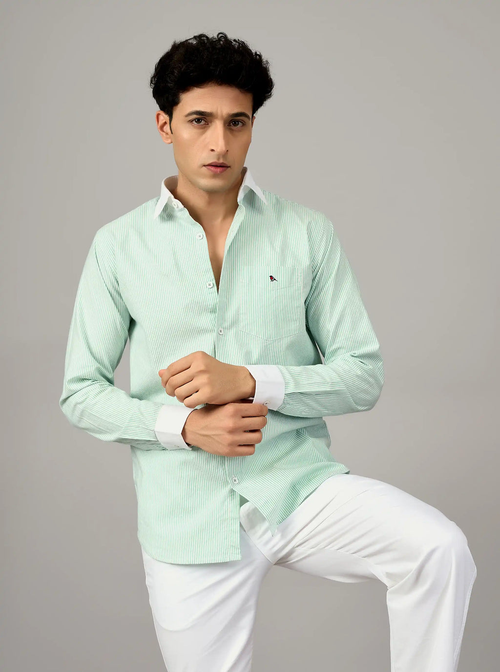 The Mint Pinstripe: 100% Cotton Contrast Collar Shirt