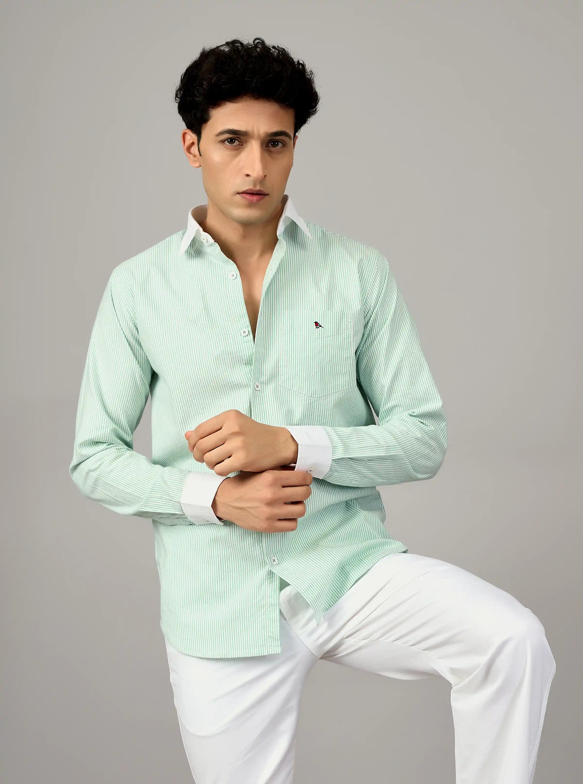 The Mint Pinstripe: 100% Cotton Contrast Collar Shirt