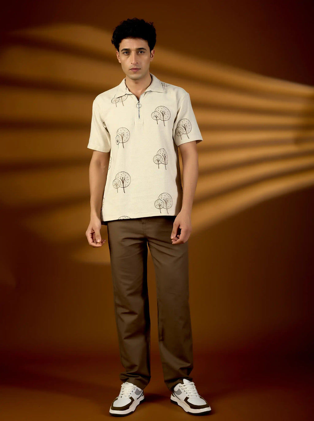 Earthy Tree Embroidered Natural Cotton Short Kurta – Beige