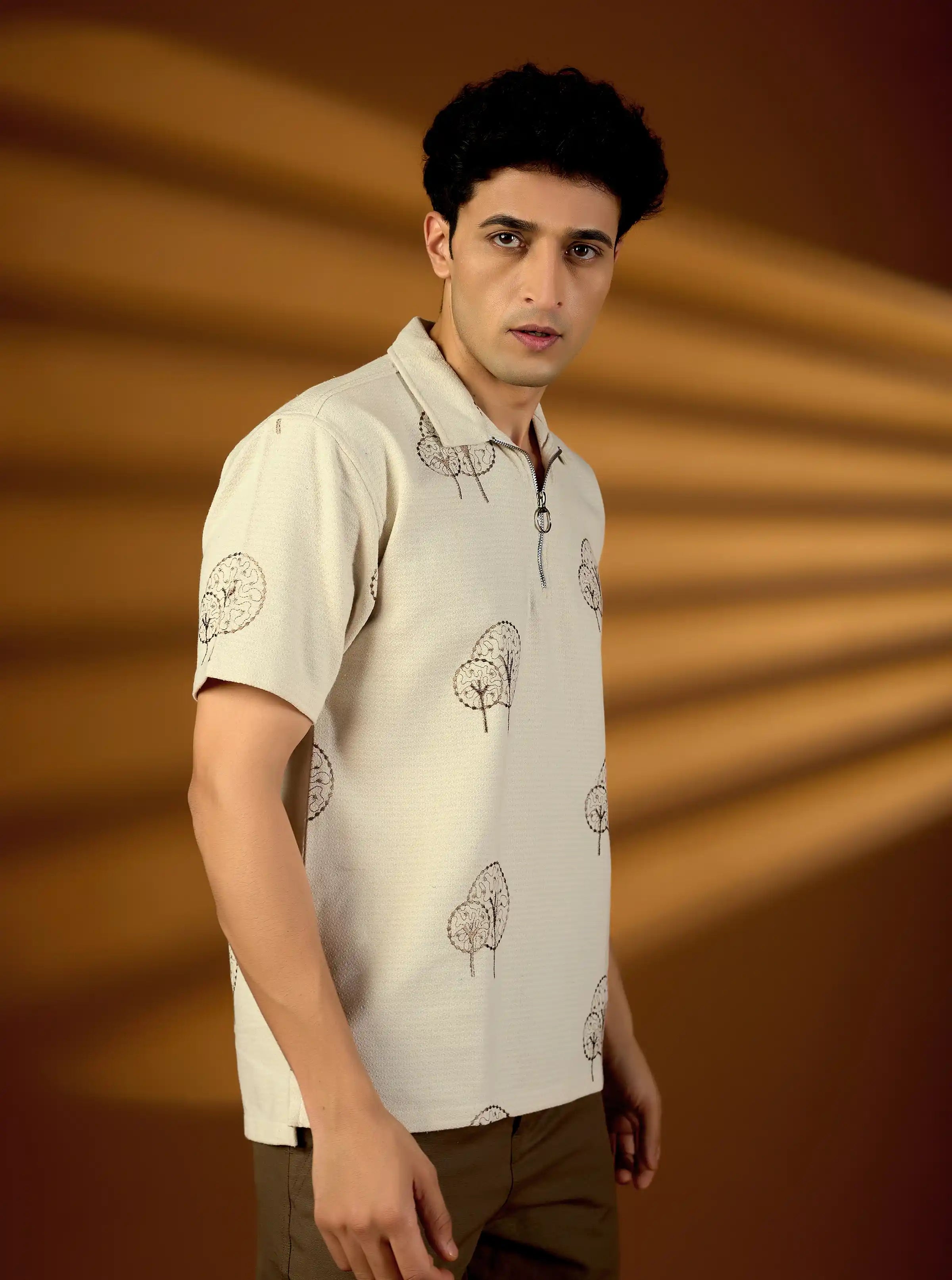 Earthy Tree Embroidered Natural Cotton Short Kurta – Beige