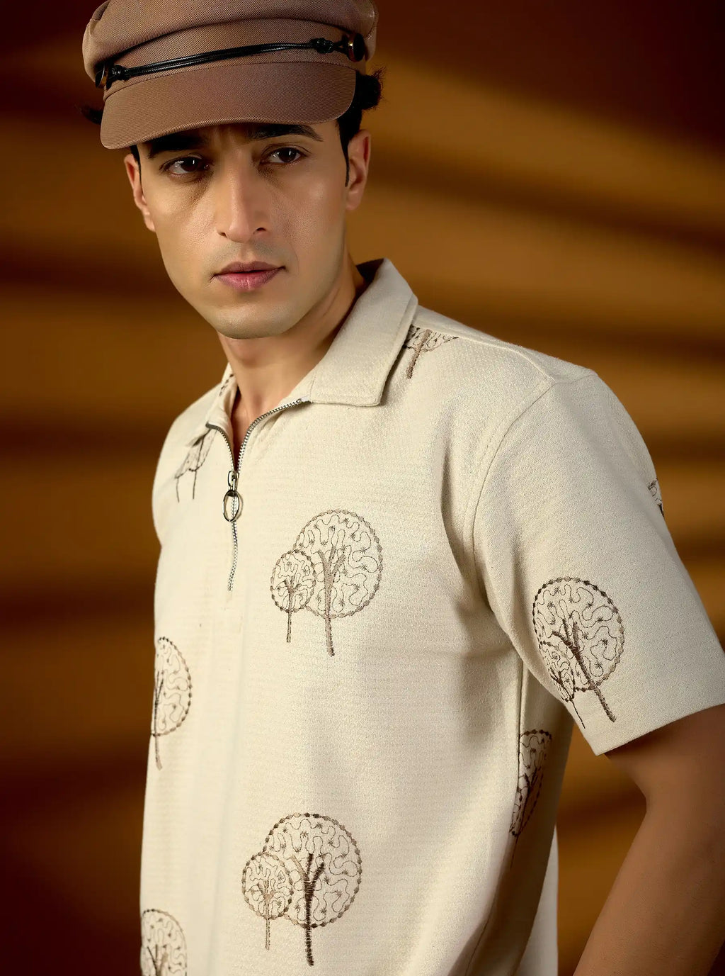 Earthy Tree Embroidered Natural Cotton Short Kurta – Beige