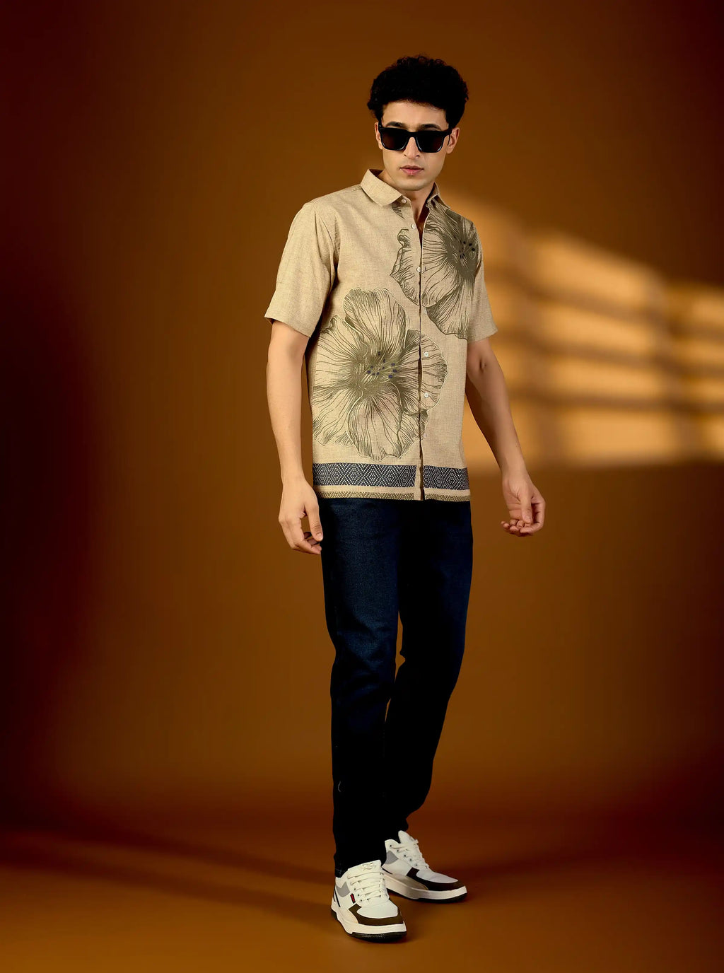 Men’s Earth-Tone Botanical Print Textured Cotton Shirt – Artisan Short Sleeve Product