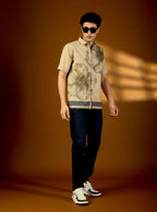 Men’s Earth-Tone Botanical Print Textured Cotton Shirt – Artisan Short Sleeve Product
