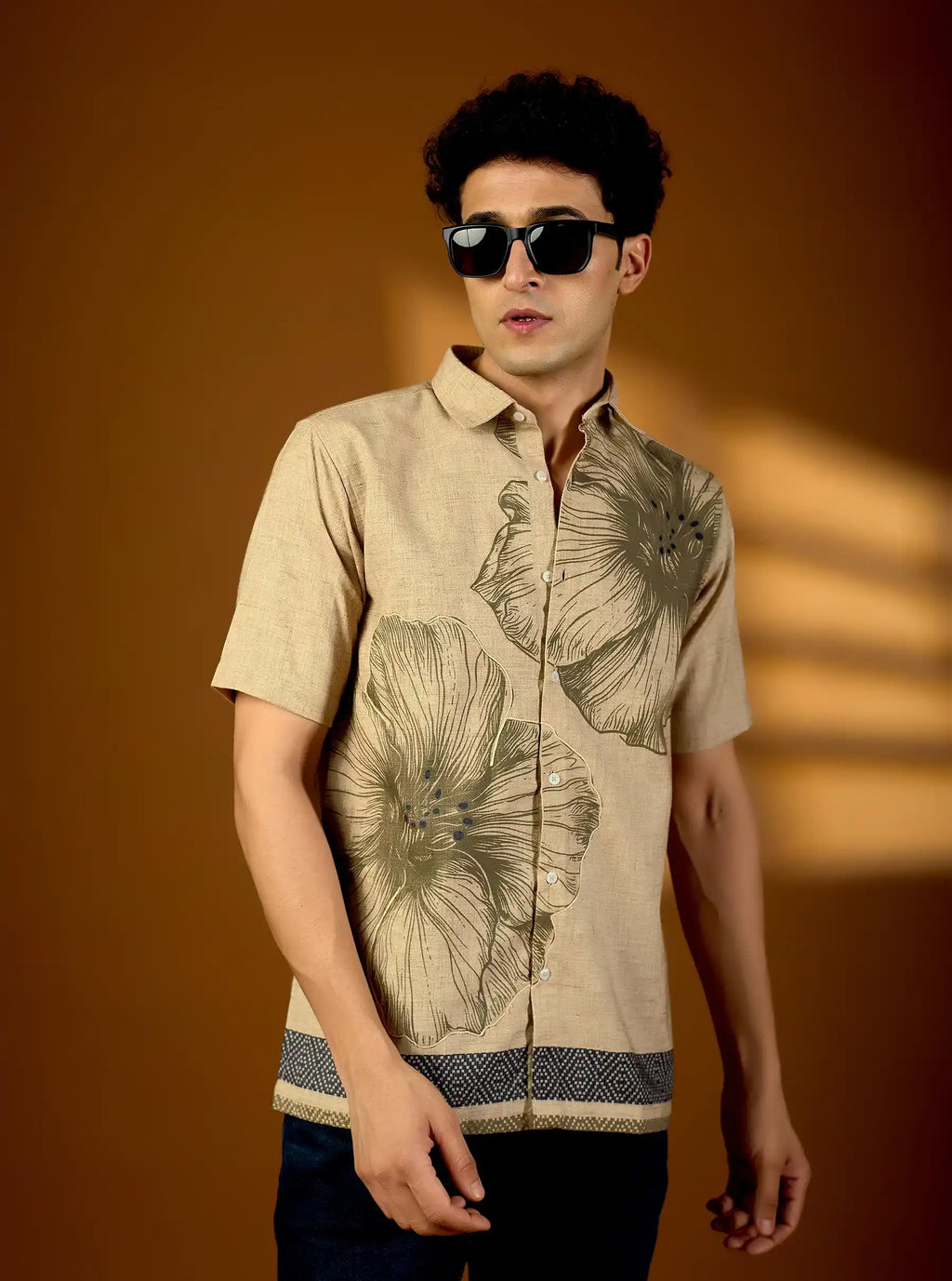 Men’s Earth-Tone Botanical Print Textured Cotton Shirt – Artisan Short Sleeve Product