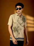 Men’s Earth-Tone Botanical Print Textured Cotton Shirt – Artisan Short Sleeve Product