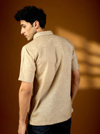 Men’s Earth-Tone Botanical Print Textured Cotton Shirt – Artisan Short Sleeve Product