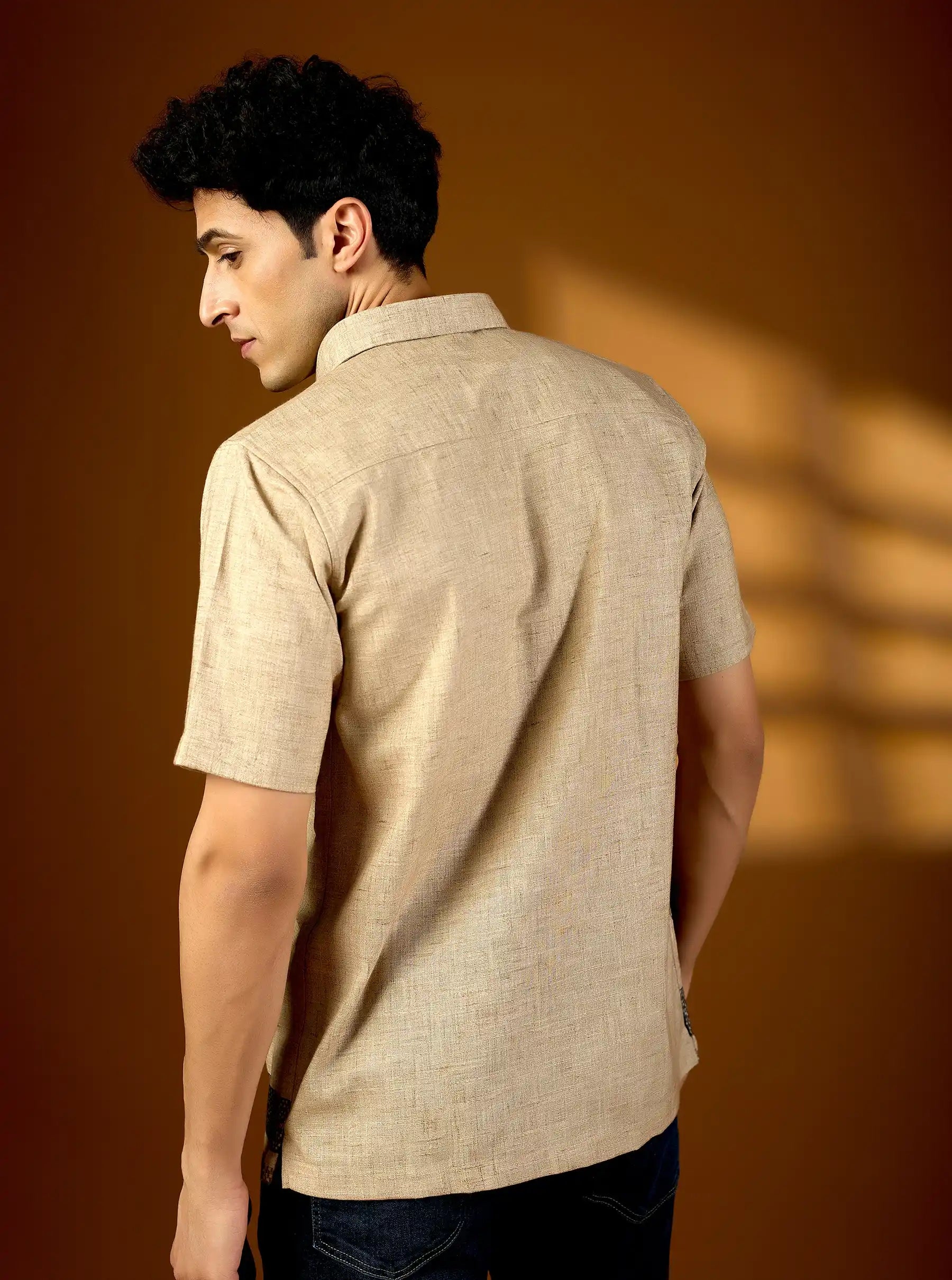 Men’s Earth-Tone Botanical Print Textured Cotton Shirt – Artisan Short Sleeve Product