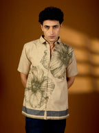 Men’s Earth-Tone Botanical Print Textured Cotton Shirt – Artisan Short Sleeve Product