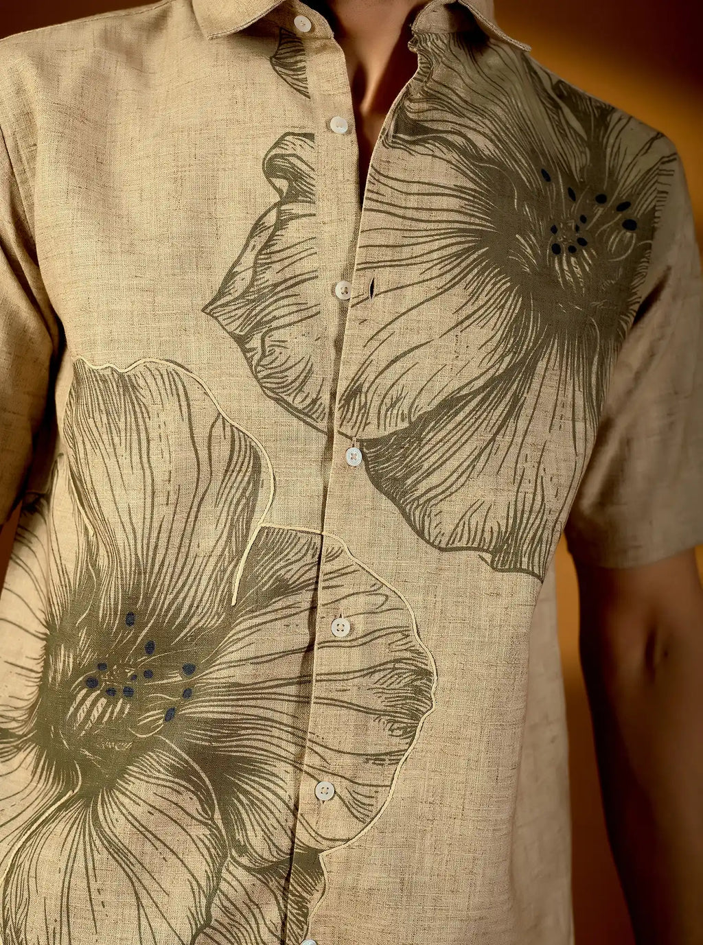 Men’s Earth-Tone Botanical Print Textured Cotton Shirt – Artisan Short Sleeve Product