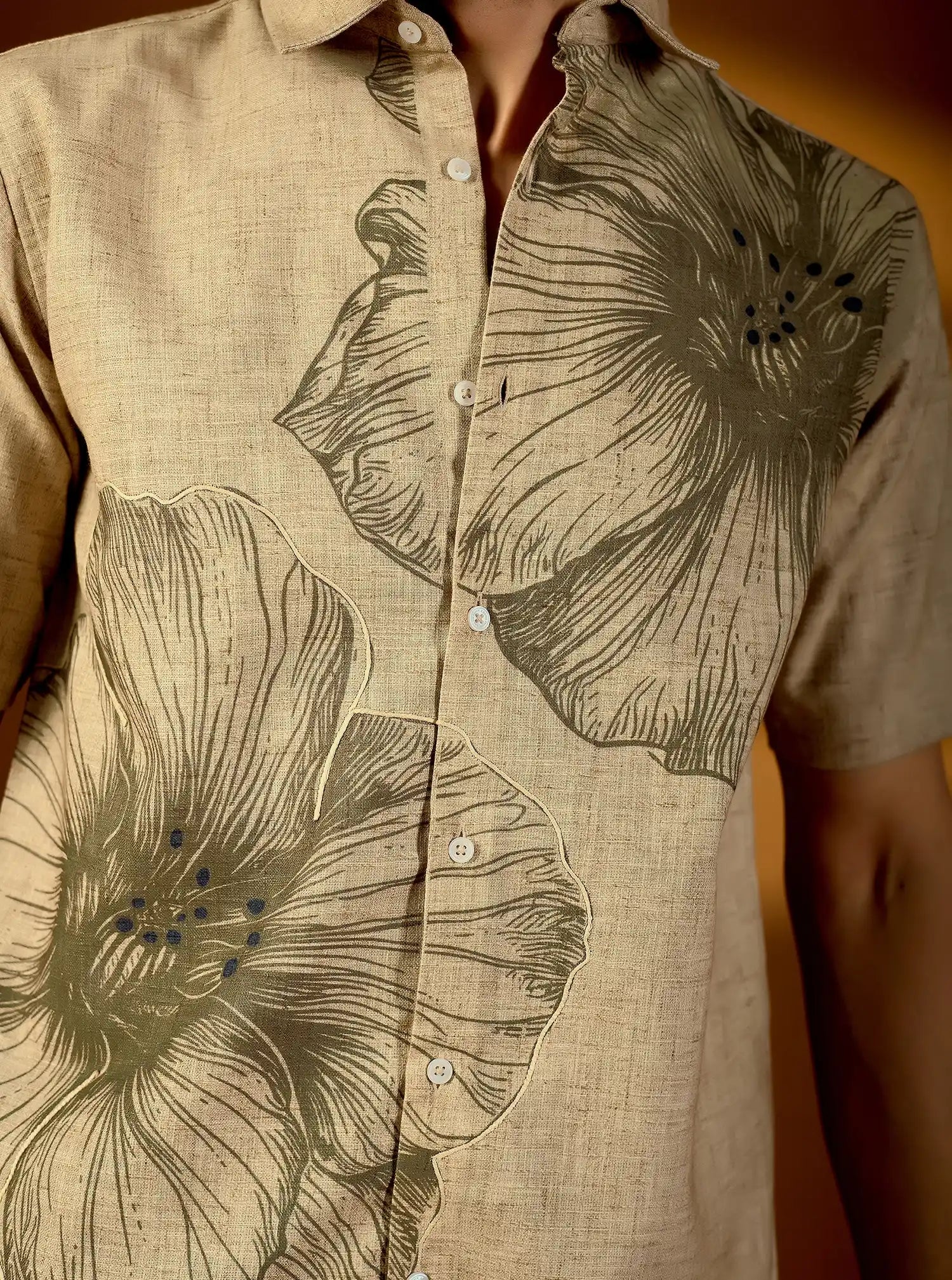 Men’s Earth-Tone Botanical Print Textured Cotton Shirt – Artisan Short Sleeve Product