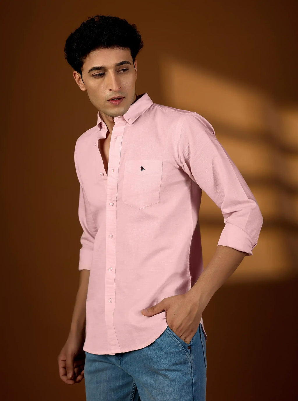Premium Men’s Pastel Pink Cotton-Linen Button-Down Shirt