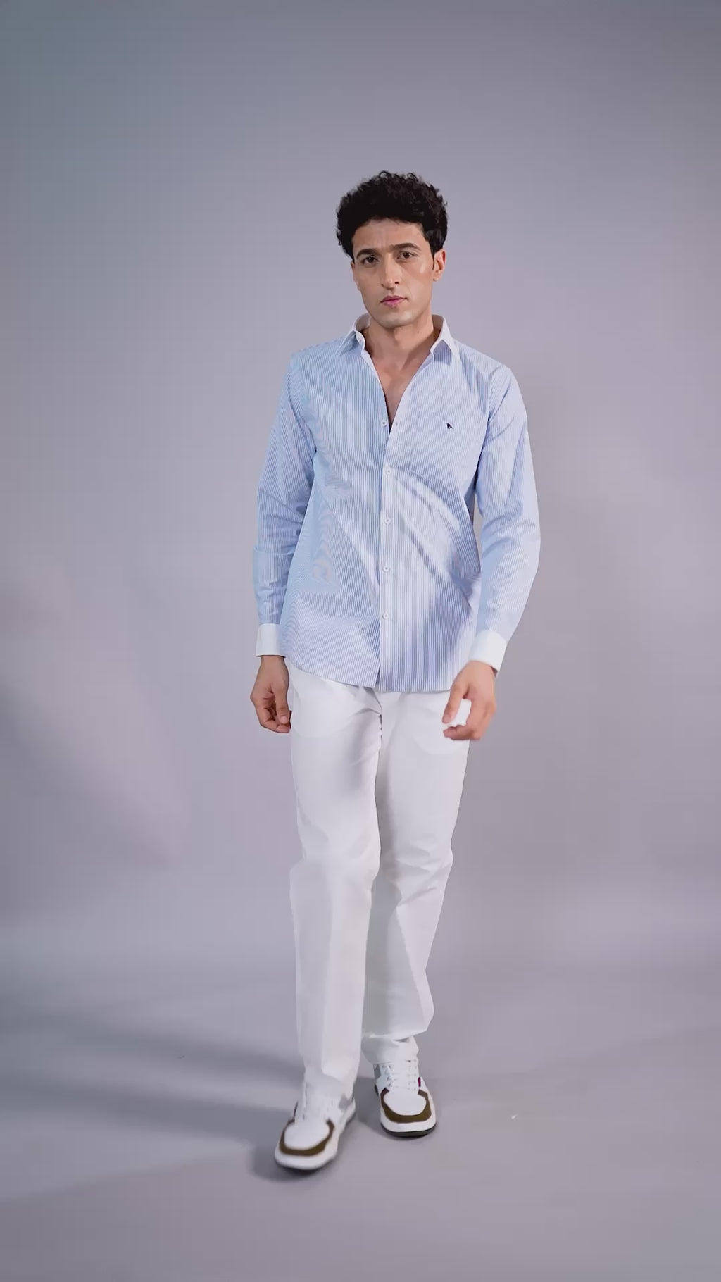 Sky Blue Micro-Stripe Cotton Shirt with Contrast Trims