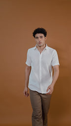 Men’s White Cotton-Linen Textured Short Sleeve Shirt – Premium Summer Essential